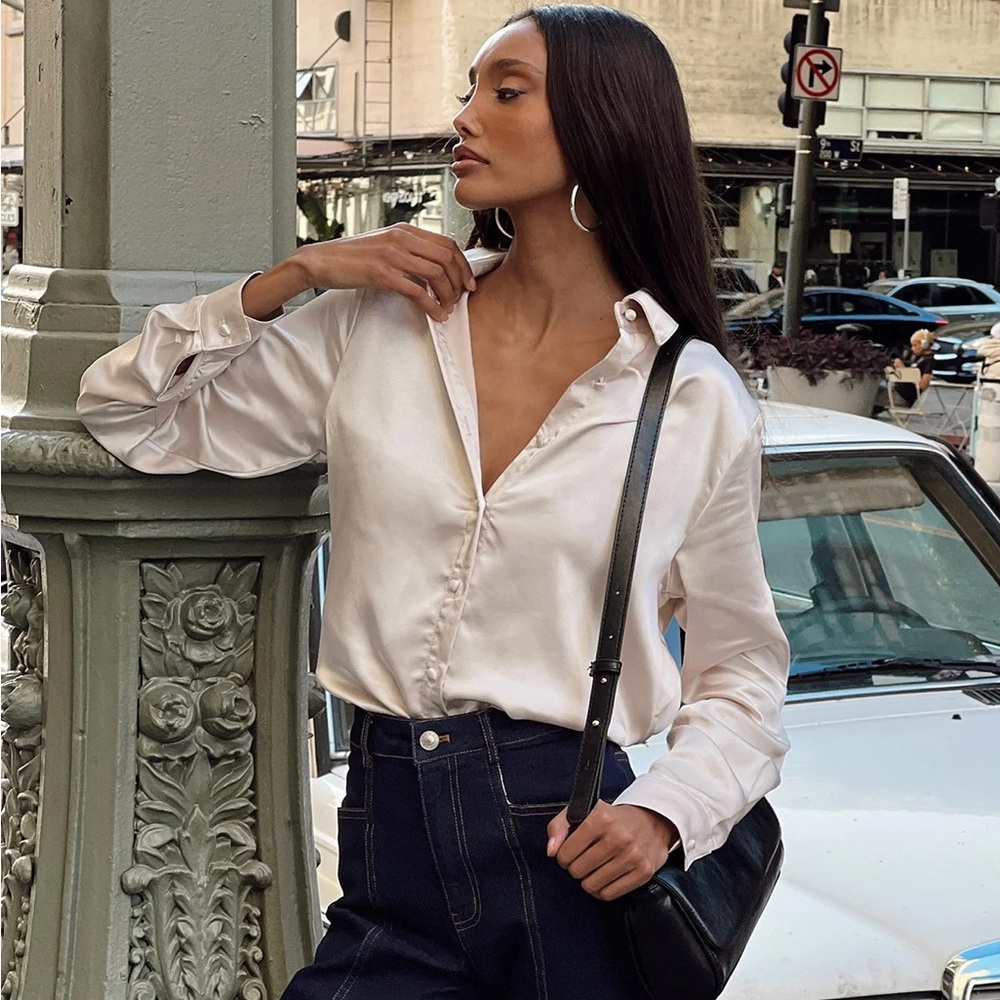 Princess Polly Cream Vintage Vibes Silk Dress Shirt